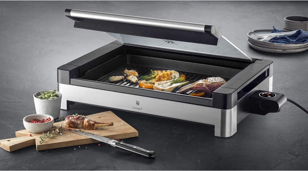WMF Lono Elektro Tischgrill mit Glasdeckel, beschichtete Grillplatte, 2200 Watt, edelstahl matt & St