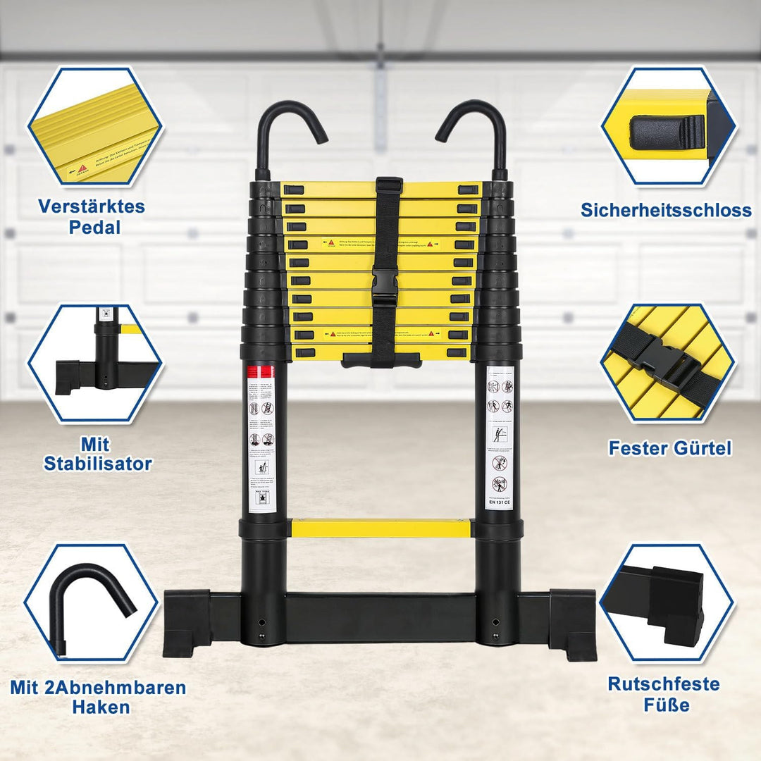 Aluminium Teleskopleiter 3.2M, Ausziehbare Leiter mit Stabilisator und Abnehmbaren Haken, Rutschfest