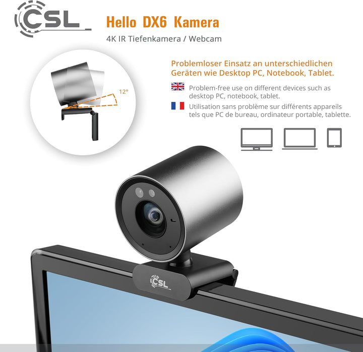 Windows Hello Kamera - CSL Hello DX6 Webcam, Infrarot-Tiefenkamera, 3840x2160@30Hz, integriertes Mik