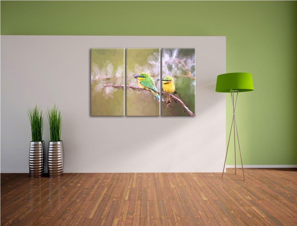 farbenfrohe exotische Vögel auf Ast NewArt 3-Teiler Leinwandbild 120x80 Bild auf Leinwand, XXL riesi