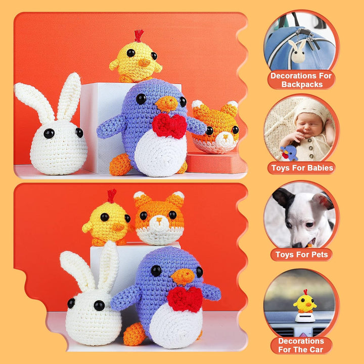 Coopay Häkelset für Anfänger: 4 in 1 Niedlich Häkelset Tiere - Pinguin, Küken, Kaninchen & Fuchs, Ko