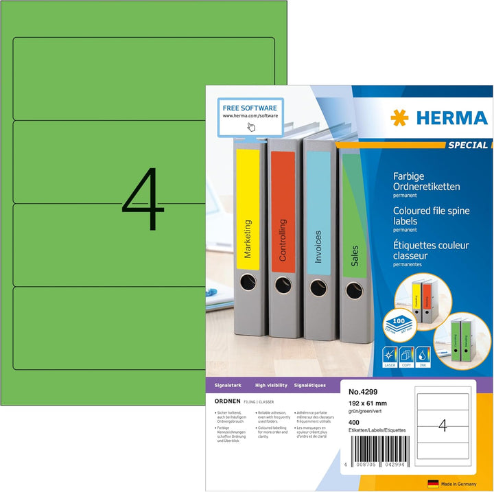 HERMA 4299 Ordnerrücken Etiketten kurz breit, 100 Blatt, 192 x 61 mm, 4 Stück pro A4 Bogen, 400 Ordn