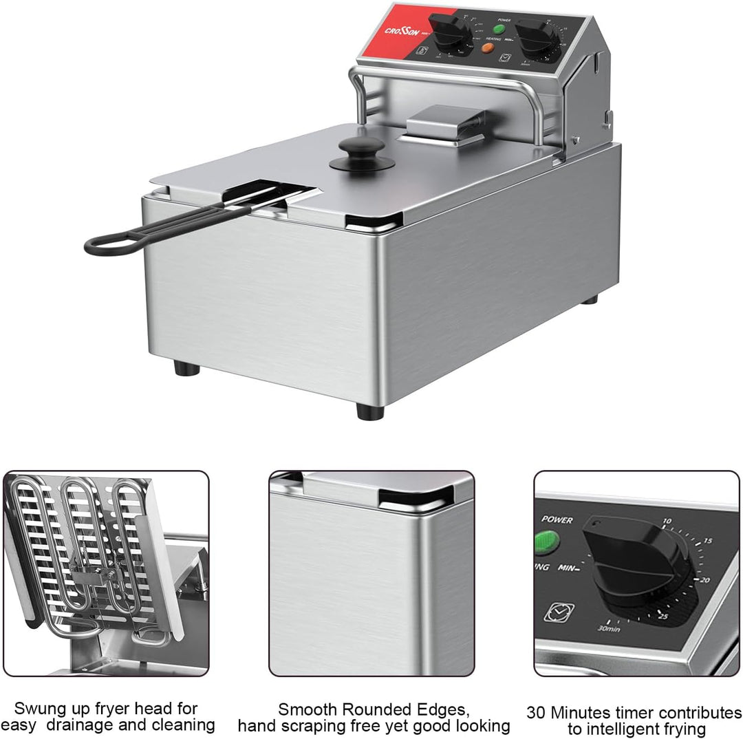 CROSSON 6L Elektrische Aufsatzfritteuse mit leicht zu reinigendem rotierendem Fritteusenkopf, 30 Min
