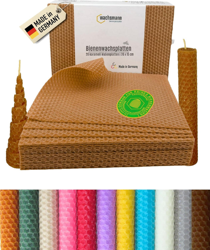 Wachsmann 20 Bienenwachsplatten aus Deutschland, karamell, Wachsplatten 20 x 15 cm, Bienenwachs Kerz
