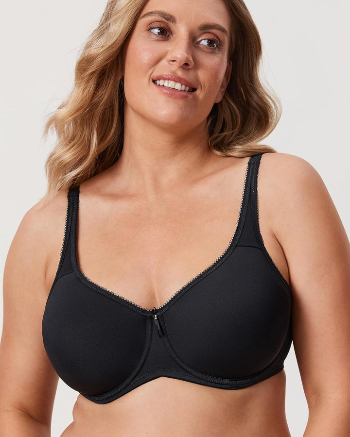 DELIMIRA Damen mit Bügel Nahtlose Vollschalen T-Shirt BH Gepolstert Grosse Grössen 65E Schwarz, 65E