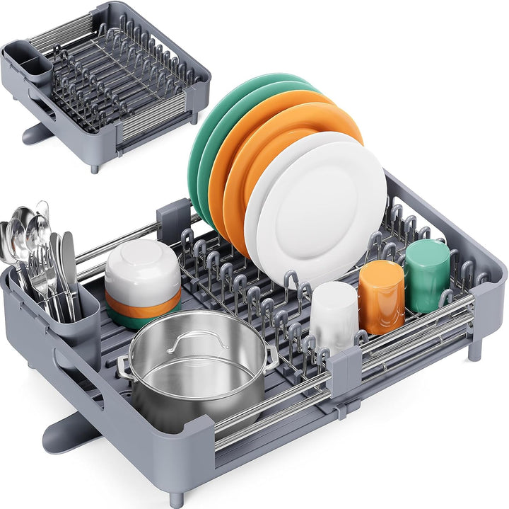 Kingrack Erweiterbares Abtropfgestell, Faltbares Edelstahl Geschirrabtropfgestell mit Abnehmbarem Be