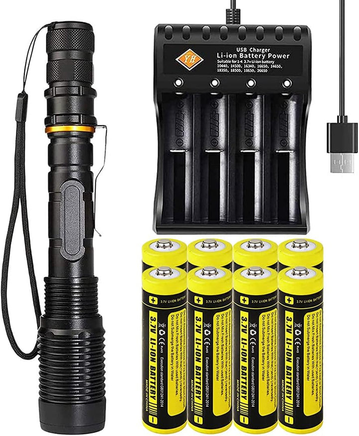 VISVIC LED Taschenlampe mit 8 Pack Akku und 1 Pack 4-Slot USB Ladegerät 2000 Lumen Wasserdicht Zooma