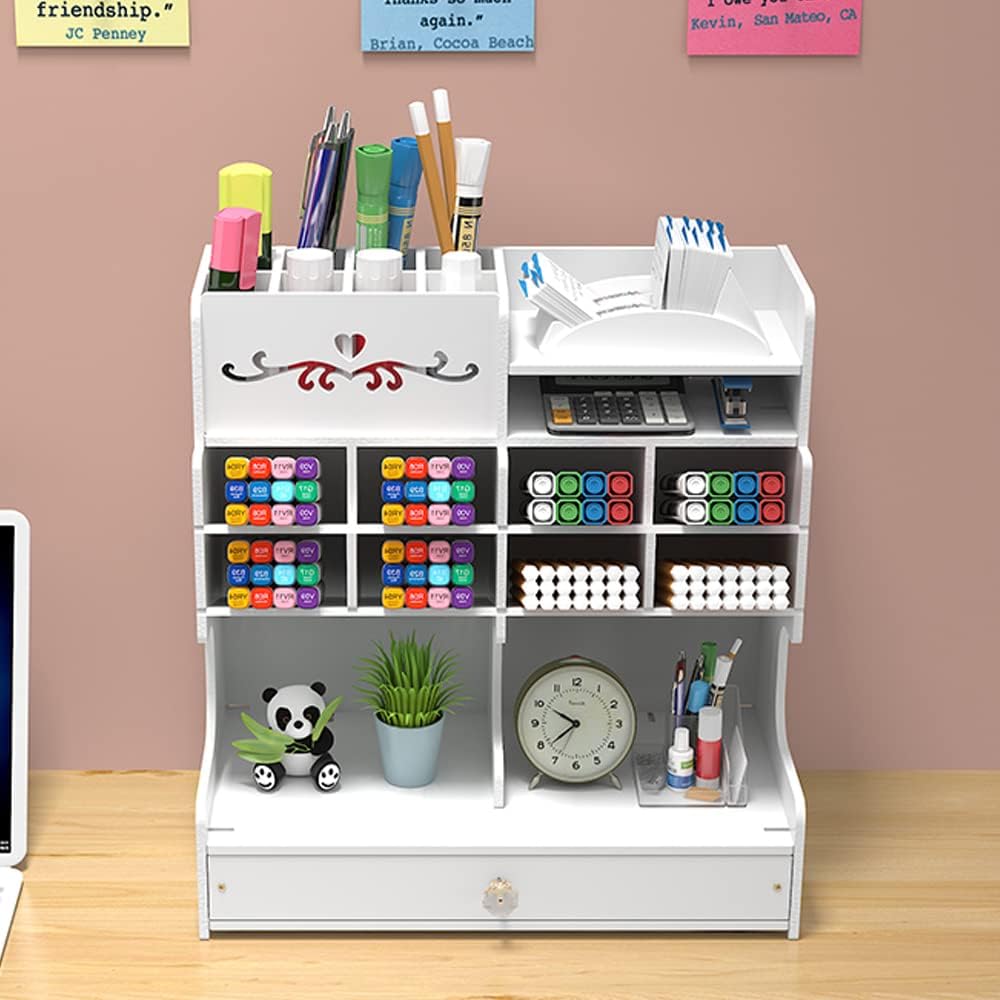 Hggzeg Weisser Schreibtisch-Organizer mit Schublade, DIY-Bleistifthalter, Schreibtisch-Organizer für