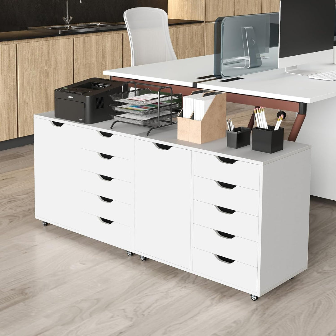 COSTWAY Rollcontainer mit 5 Schubladen, mobiler Aktenschrank mit Tür, Arbeitsplatte & Rollen, Rollwa