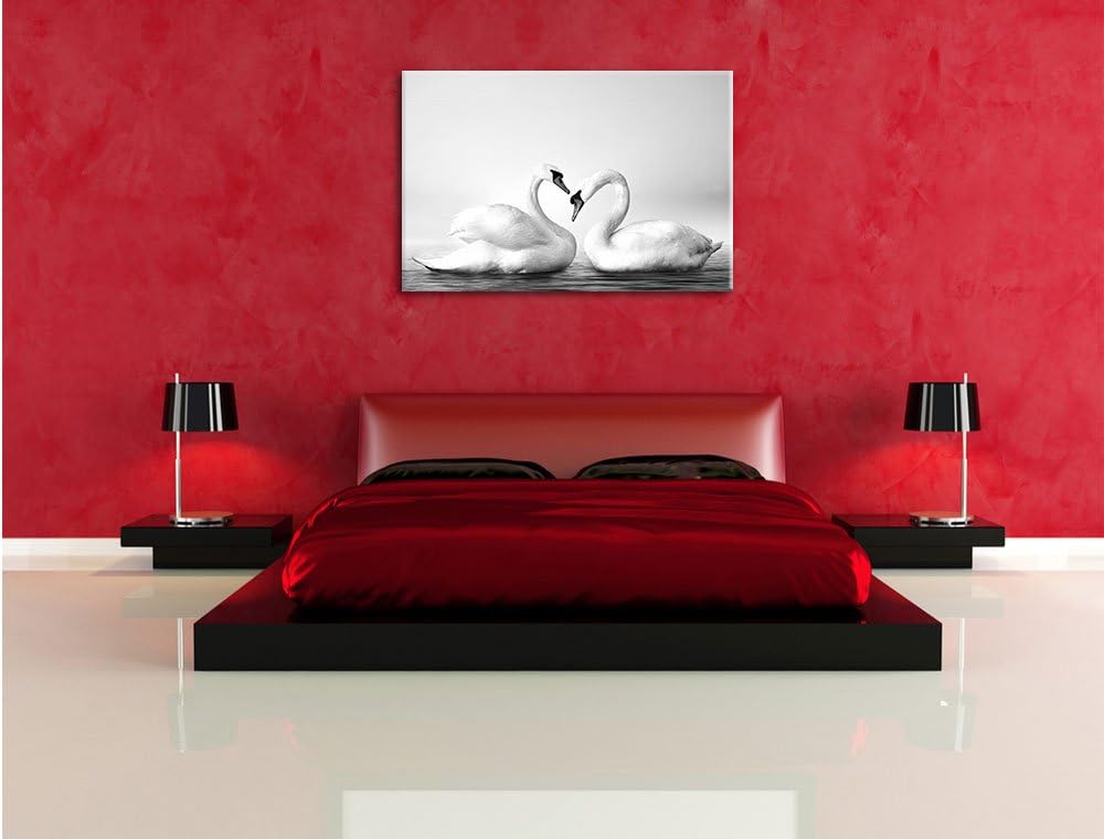 Pixxprint Zwei prächtige Schwäne auf dem Wasser Kunst B&W, Format: 100x70 auf Leinwand, 100x70