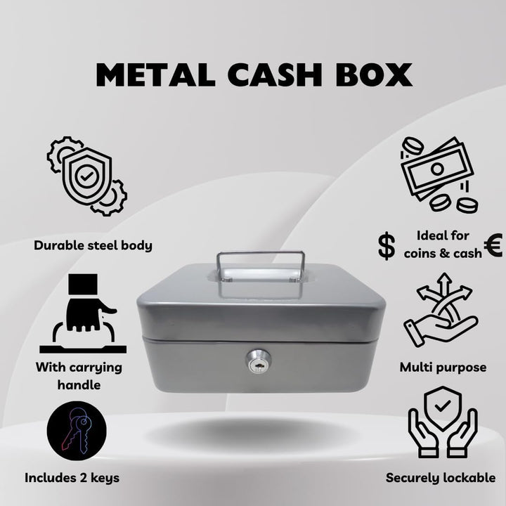 Geldkassette aus Metall - Silber - 200 x 160 x 90 mm - Sicherer Aufbewahrungsort für Bargeld und Wer