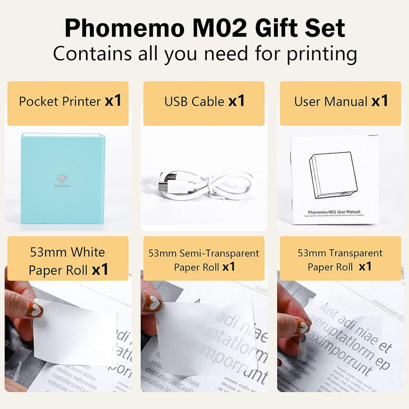 Phomemo M02 Taschendrucker 3 Papierrollen enthalten-Mini Drucker Tragbarer Fotodrucker mit wiederauf