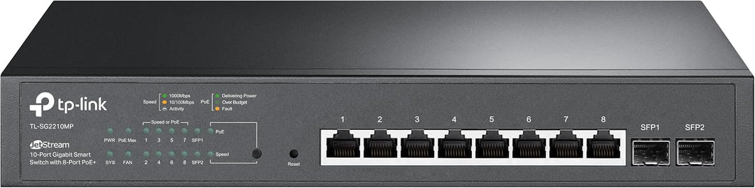 TP-Link TL-SG2210MP 8 Port Gigabit Smart PoE Switch mit 2 SFP-Slots, 8 PoE+ Ports mit einer Gesamtle