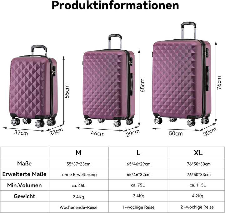BEIBYE Zwillingsrollen 2066 Hartschale Trolley Koffer Reisekoffer Gepäck M-L-XL-Set (Violett, Set) V