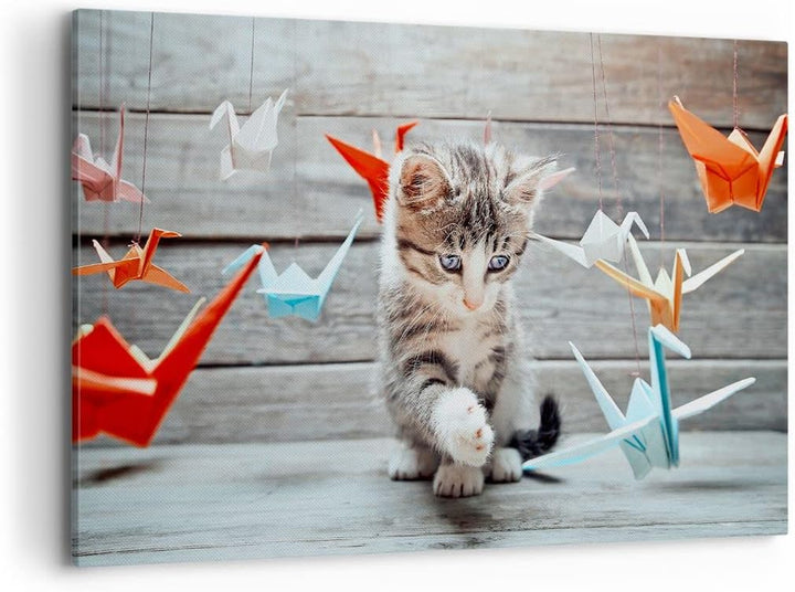 Bilder auf Leinwand 100x70cm Leinwandbild mit Rahmen Katze spass origami Gross Wanddeko Bild Schlafz