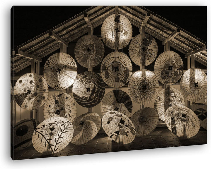 deyoli viele bunte japanische Regenschirme Format: 80x60 Effekt: Sepia als Leinwandbild, Motiv ferti