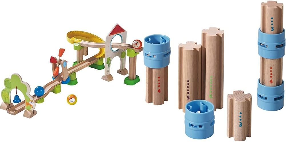 HABA 300438 - Kugelbahn Kullerbü - Windradbahn & 300850 Kullerbü Ergänzungsset Säulen Bundle mit Säu