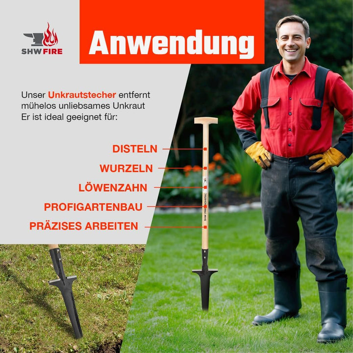 SHW-FIRE Profi-Unkrautstecher mit 105cm Eschenholzstiel - Handgeschmiedet mit praktischem Tritt