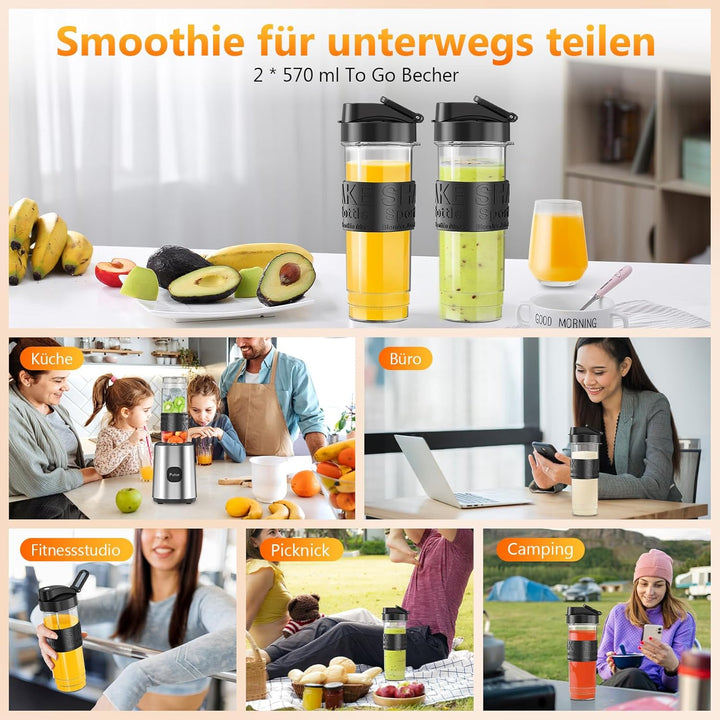 Mixer, Smoothie Maker, Standmixer, 500W Smoothie Mixer mit 2x570ml Smoothie Flaschen BPA frei Tritan