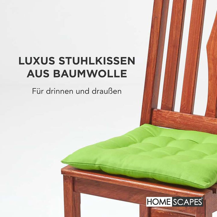 HOMESCAPES 4er Set Stuhlkissen 40 x 40 cm, grün, Sitzkissen mit Bändern und Knopfverschluss, einfarb