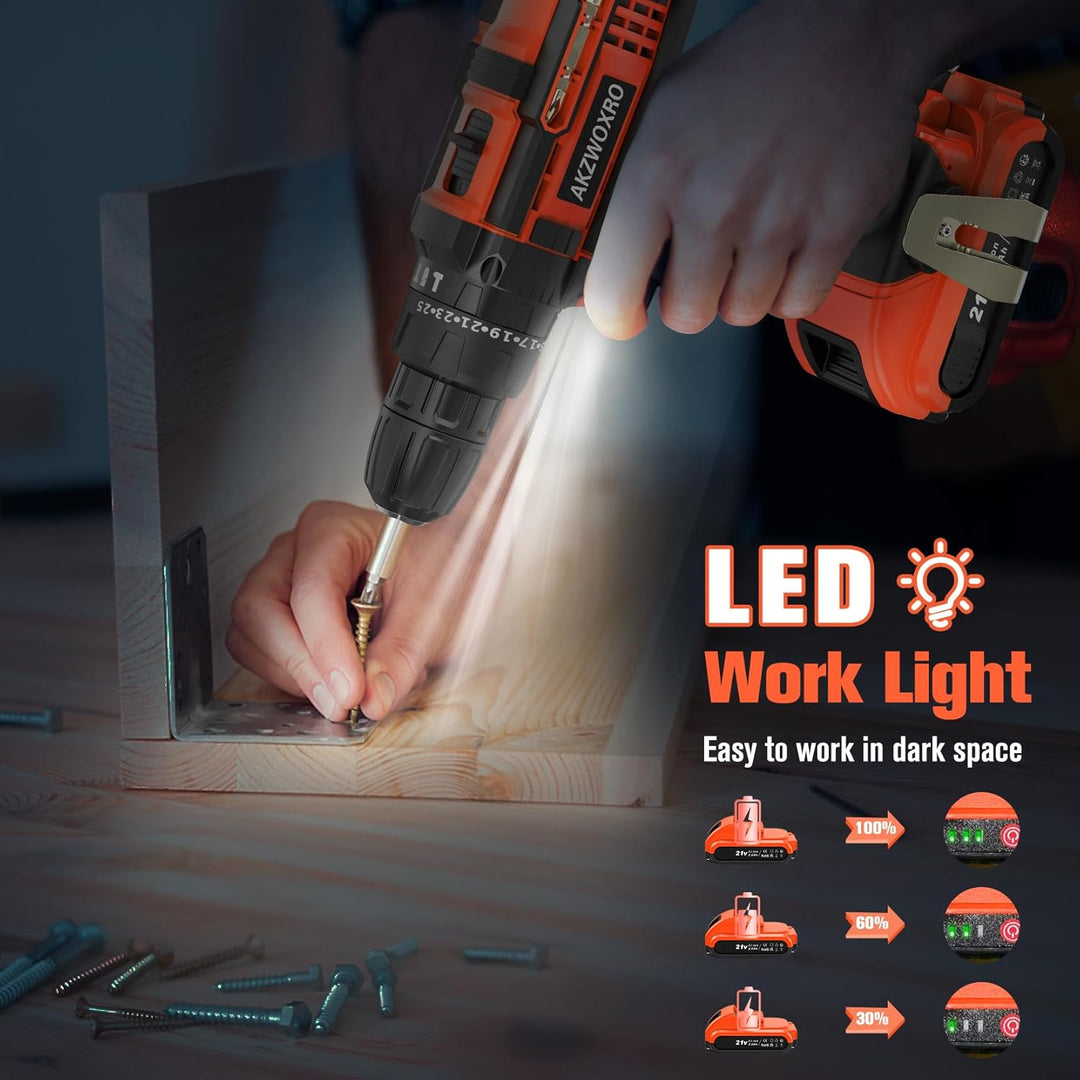 AKZWOXRO Akkuschrauber 21V, Akku Bohrschrauber mit 2 Akkus 2.0Ah, 42Nm Akku Bohrmaschine, 2 Gang, 25
