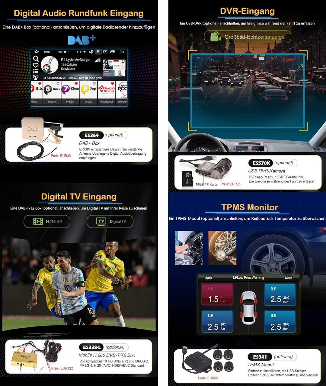 Erisin 8-Kern 4GB RAM 64GB ROM Android 12 Autoradio mit GPS Navigation UnterstĂŒtzt Kabelloses CarPla