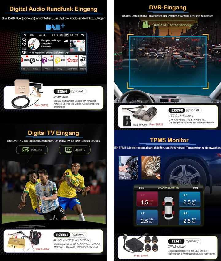 Erisin 8-Kern 4GB RAM 64GB ROM Android 12 Autoradio mit GPS Navigation UnterstĂŒtzt Kabelloses CarPla