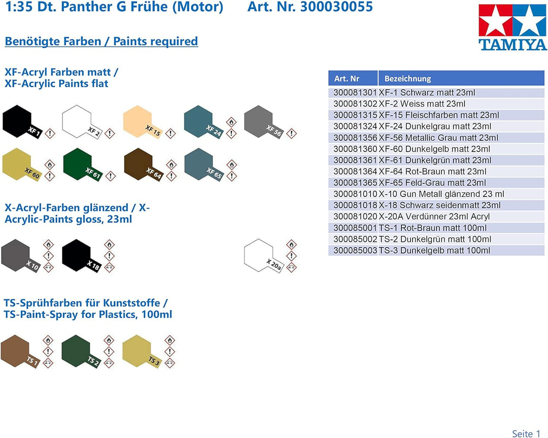 TAMIYA 30055 1:35 Dt. Panther G Frühe (Motor), originalgetreue Nachbildung, Plastik Bausatz, Basteln
