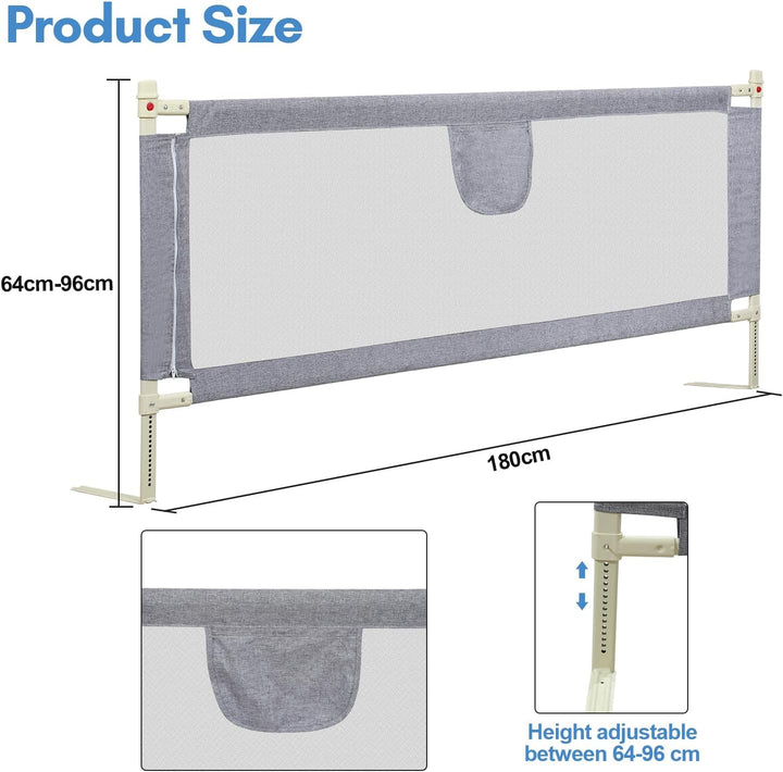 Tubiaz 180cm Bettgitter Rausfallschutz, Kinderbettgitter Höhenverstellbar 64-96cm, Bettschutzgitter