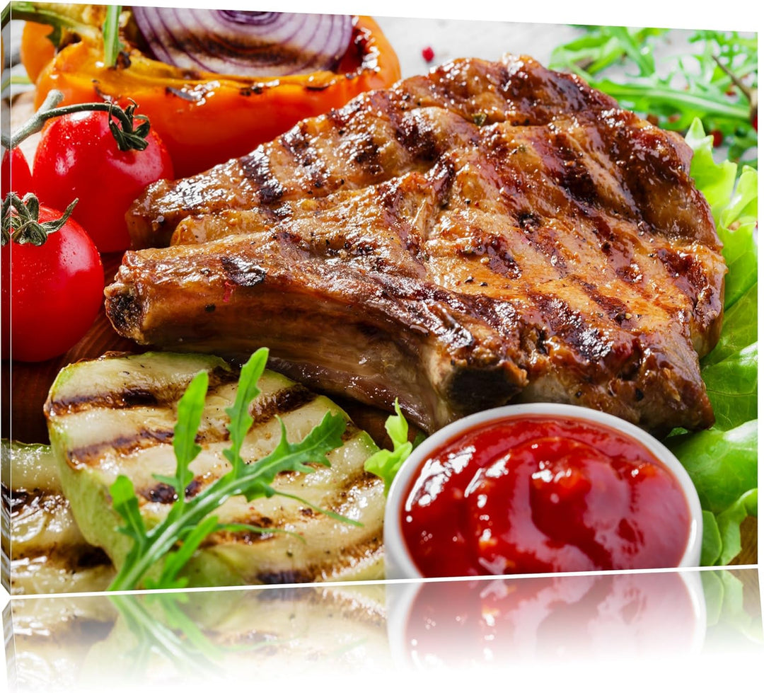 Gegrilltes Steak Format: 100x70 auf Leinwand, XXL riesige Bilder fertig gerahmt mit Keilrahmen, Kuns