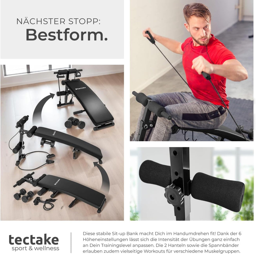 tectake Bauchtrainer 129 x 70 x 55 cm, multifunktionale Sit-up Bank aus Stahl, 5-fach höhenverstellb