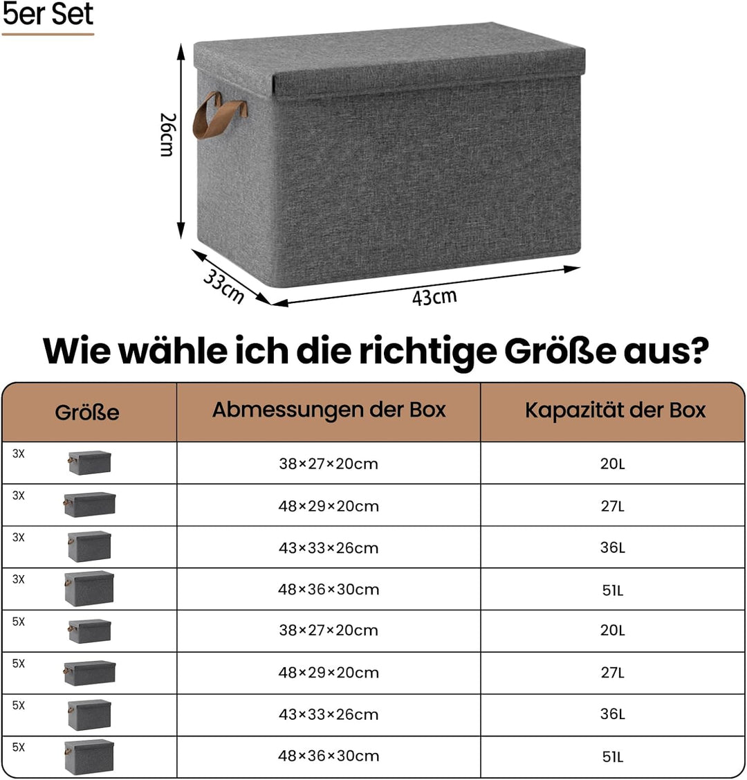 WOLTU Aufbewahrungsboxen 5er Set, Box mit Deckel Griffen, Aufbewahrungskorb faltbar, Stoffbox, Organ