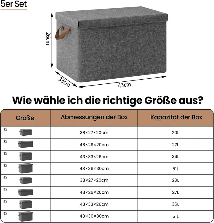 WOLTU Aufbewahrungsboxen 5er Set, Box mit Deckel Griffen, Aufbewahrungskorb faltbar, Stoffbox, Organ