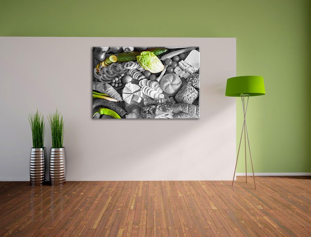 Früstücksplatte mit Gemüse schwarz/weiss Format: 100x70 auf Leinwand, XXL riesige Bilder fertig gera