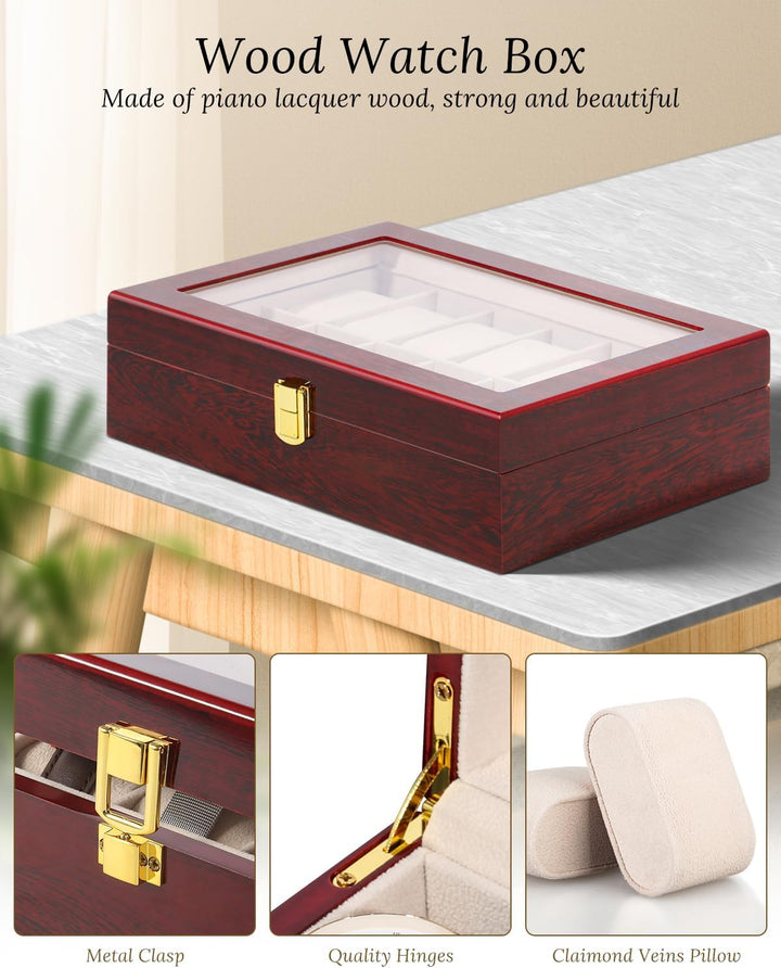 Uhrenbox für 12 Holz Uhrenkasten Schmuckkasten Damen Herren Holz- Vintage Rot, Holz- Vintage Rot