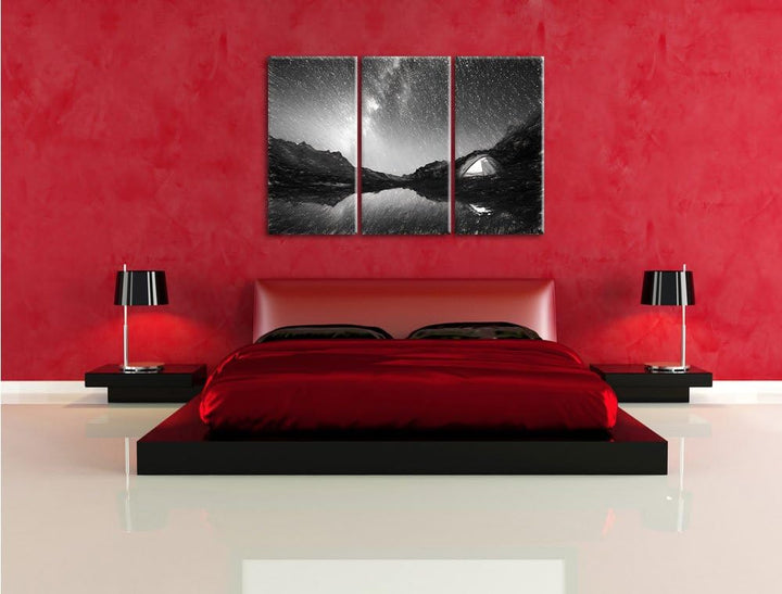 Pixxprint Zelten unter tausenden Sternen / 3-Teilig/Gesamtmass 120cm Leinwandbild bespannt auf Holzr