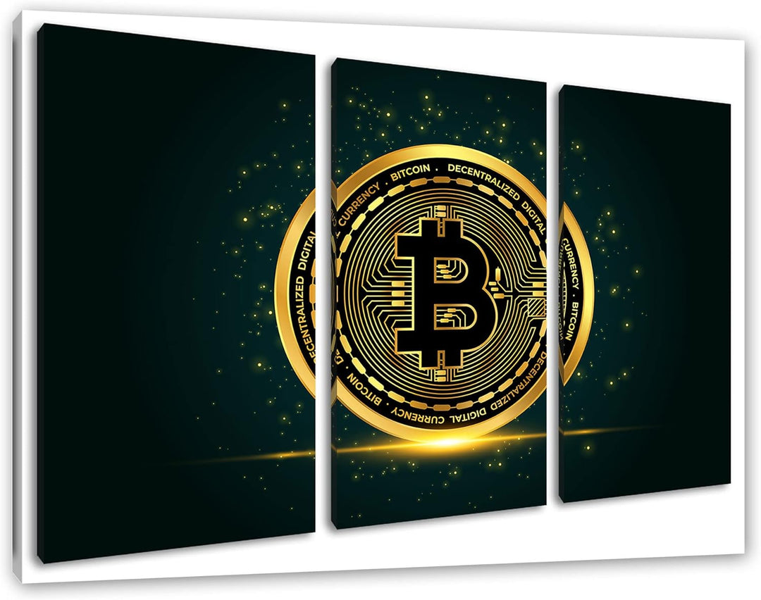 funkelnder Bitcoin BTCals Leinwandbild 3 teilig | Grösse: 120x80 cm | Wandbild | Kunstdruck | fertig