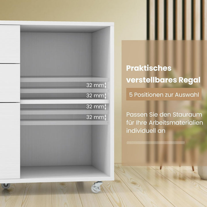 COSTWAY Rollcontainer mit 3 Schubladen, Aktenschrank mit Rollen und offenen Fächern, Druckerständer,