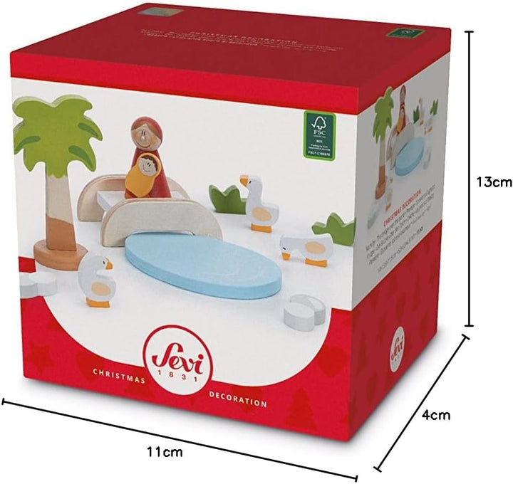 Sevi 83103 Krippen-Set Brücke mit Teich 11 teilig, Krippenzubehör aus Holz, Set zur Ergänzung der We