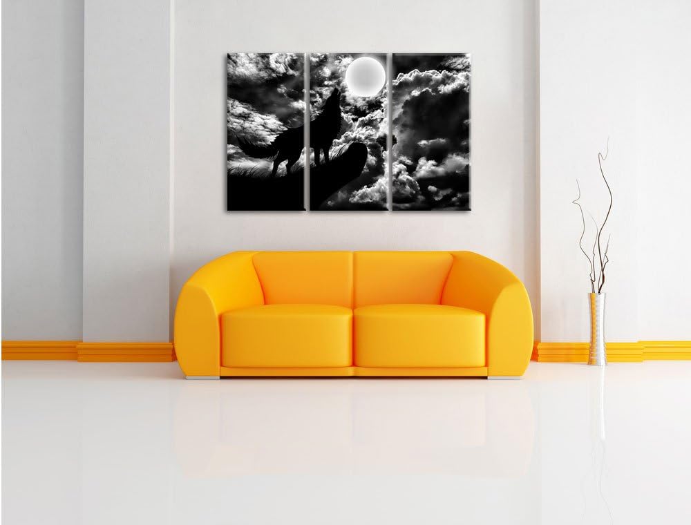 Pixxprint Wolf im Mondschein als Leinwandbild/Grösse: 3 Teilig (120x80) cm/Wandbild/Kunstdruck/ferti