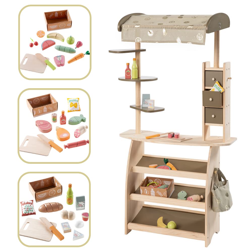howa Kaufladen Marktstand "Lucky" aus Holz mit Markise, Tasche und 32 tlg. Kaufladenzubehör 47479