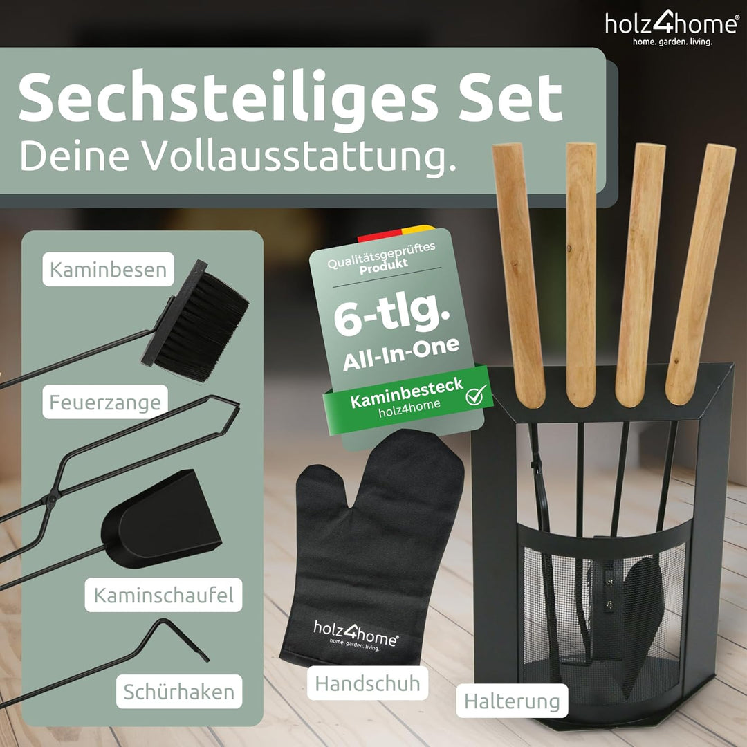 holz4home® Kaminbesteck 6-tlg. Schwarz mit Holzgriff inkl. Ofenhandschuh hitzebeständig I Kaminset K