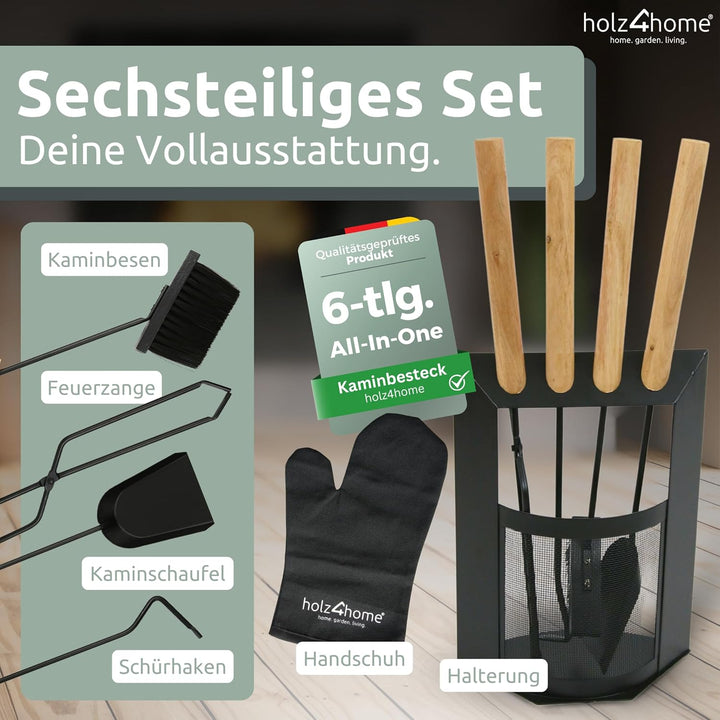 holz4home® Kaminbesteck 6-tlg. Schwarz mit Holzgriff inkl. Ofenhandschuh hitzebeständig I Kaminset K