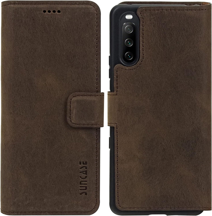 Suncase Book-Style Hülle kompatibel mit Sony Xperia 10 IV (2022) Leder Tasche (Slim-Fit) Lederhülle