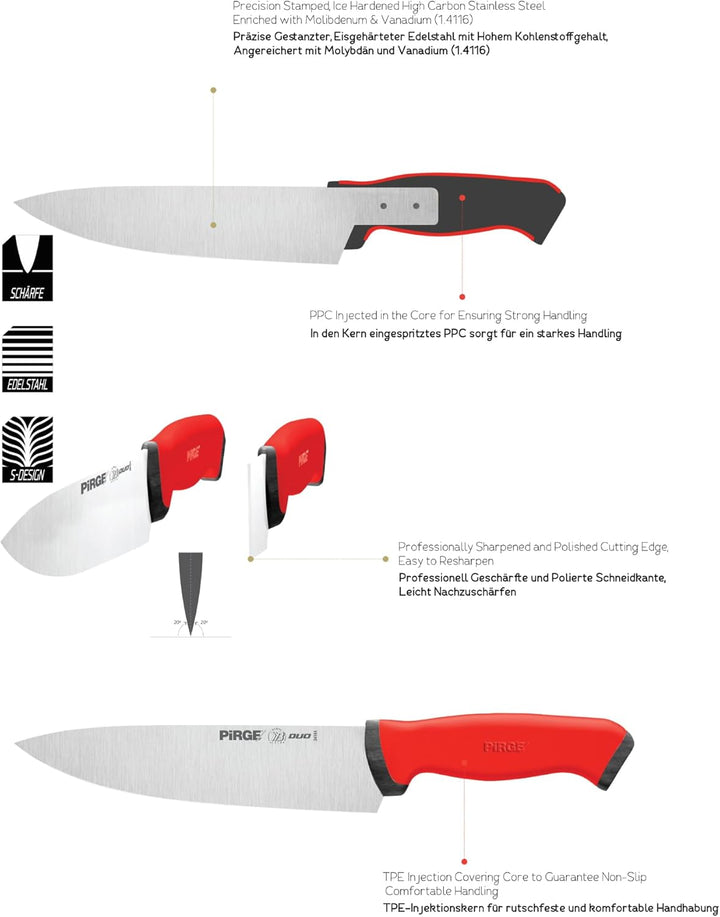 Pirge Duo Profi Messerset mit Tasche 4 Stück - Rutschfester Griff - Profi Kochmesser Set - Edelstahl