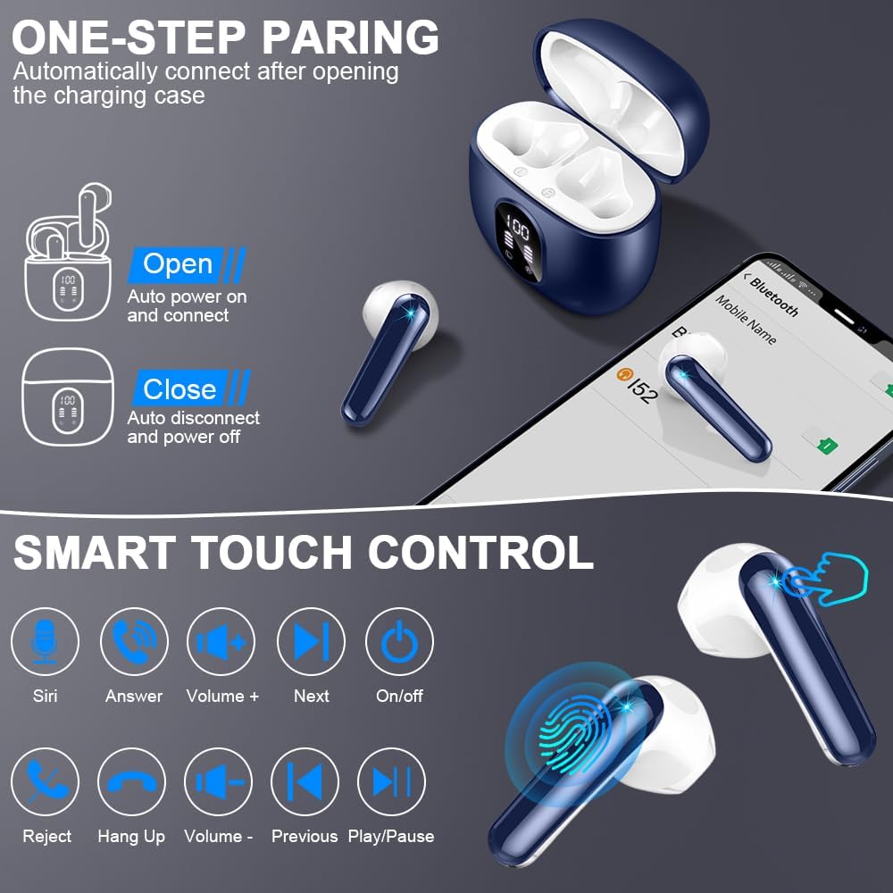 Bluetooth Kopfhörer, Kopfhörer Kabellos Bluetooth 5.3 In Ear Kopfhörer Bluetooth mit 4 Mic, 50H Kabe