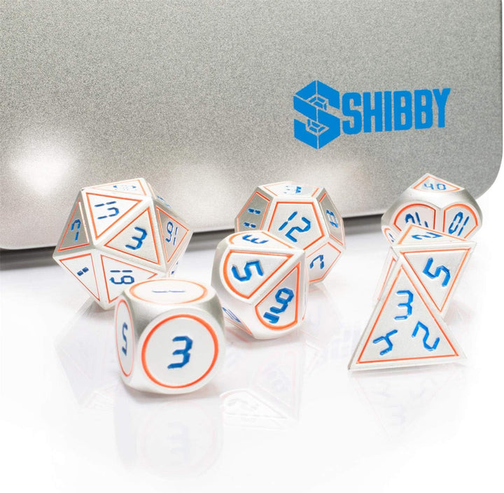 shibby 7 polyedrische Metall-Würfel für Rollen- und Tabletopspiele in Digital Optik D1 inkl. Aufbewa