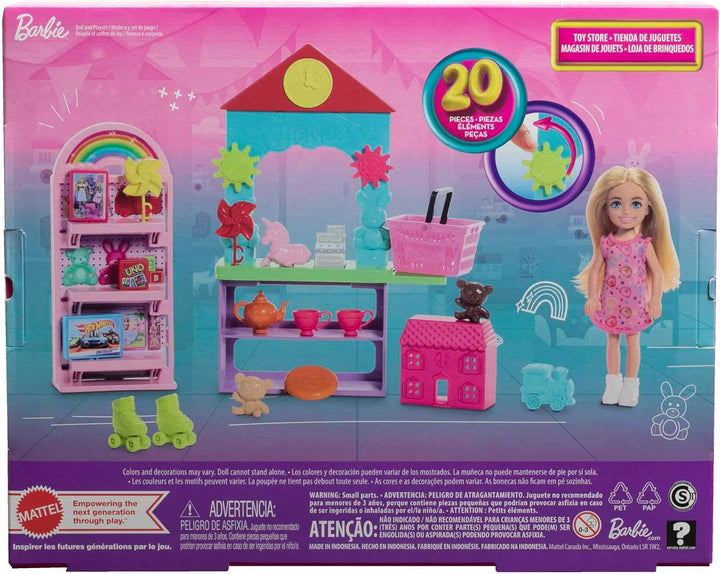 Barbie Chelsea Spielzeuggeschäft-Spielset mit Kleiner Blonder Puppe, Theke und Möbeln zum Ausstellen