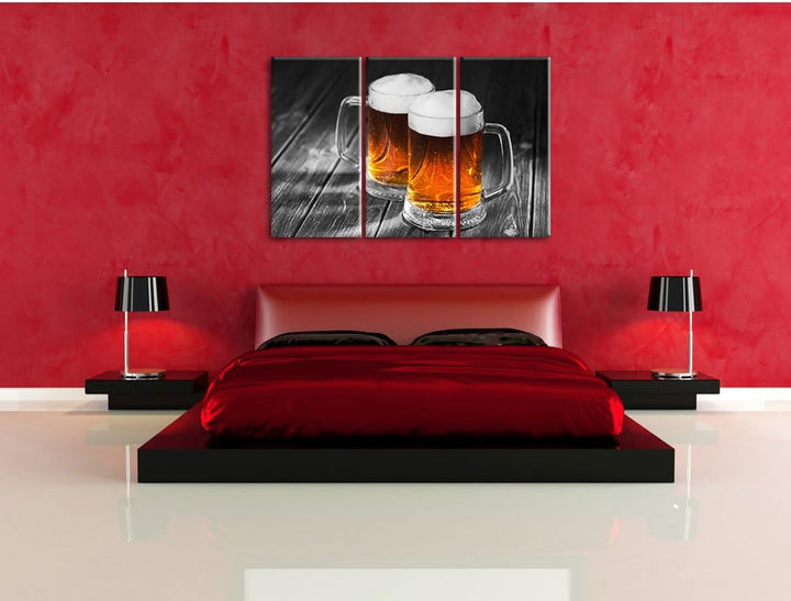 Pixxprint Zwei Masskrüge Bier als Leinwandbild | Grösse: 3 Teilig (120x80) | Wandbild| Kunstdruck |
