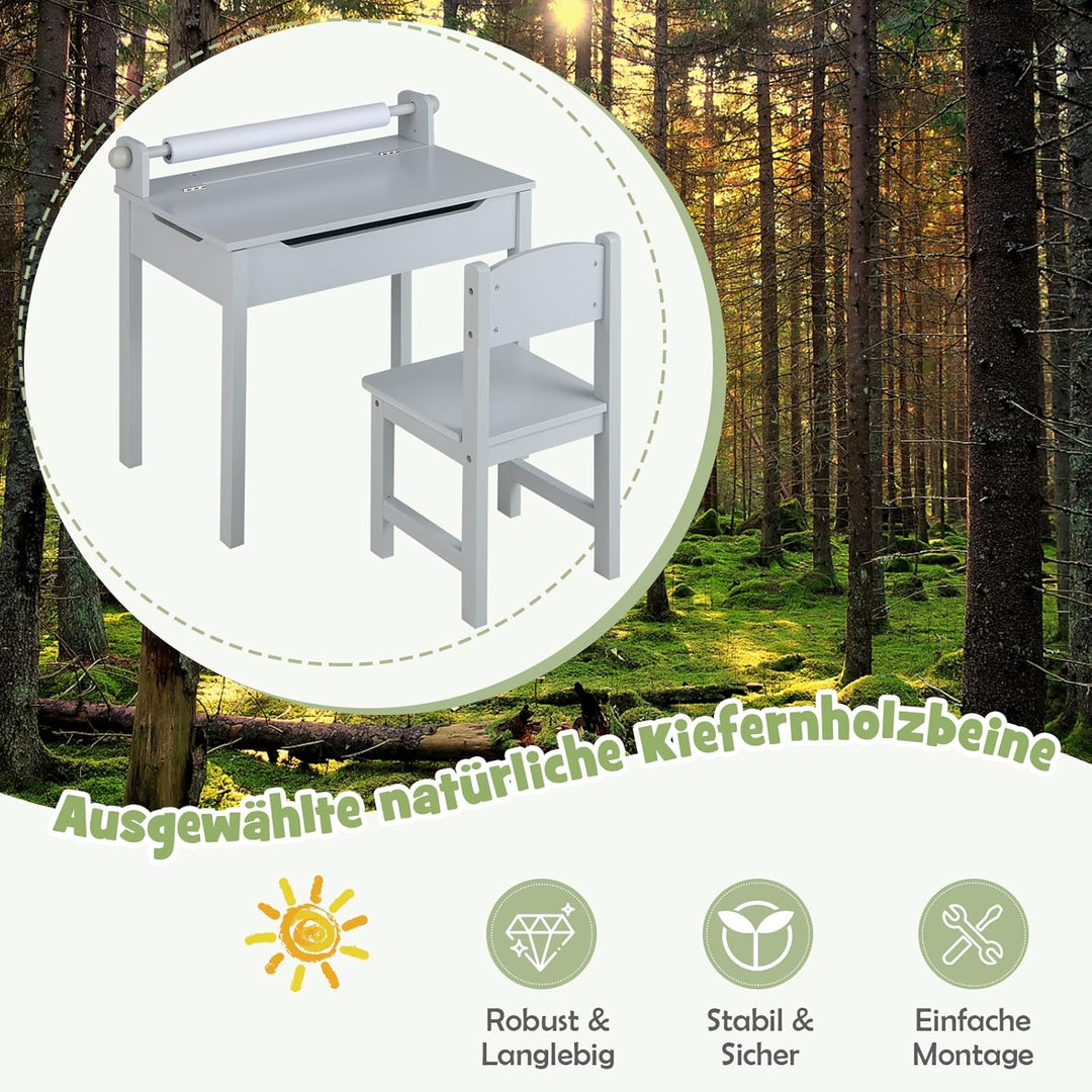 DREAMADE Schreibtisch Kinder mit Stuhl, Schülerschreibtisch aus Holz, Jugendschreibtisch, Kindertisc